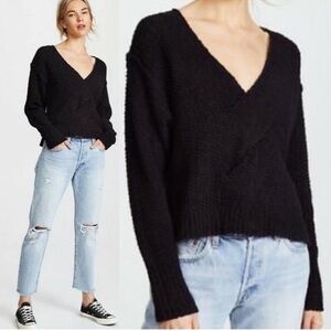 Free People XS COCO V-NECK TWIST PULLOVER Wrap Knit 100% Cotton Sweater BLACK